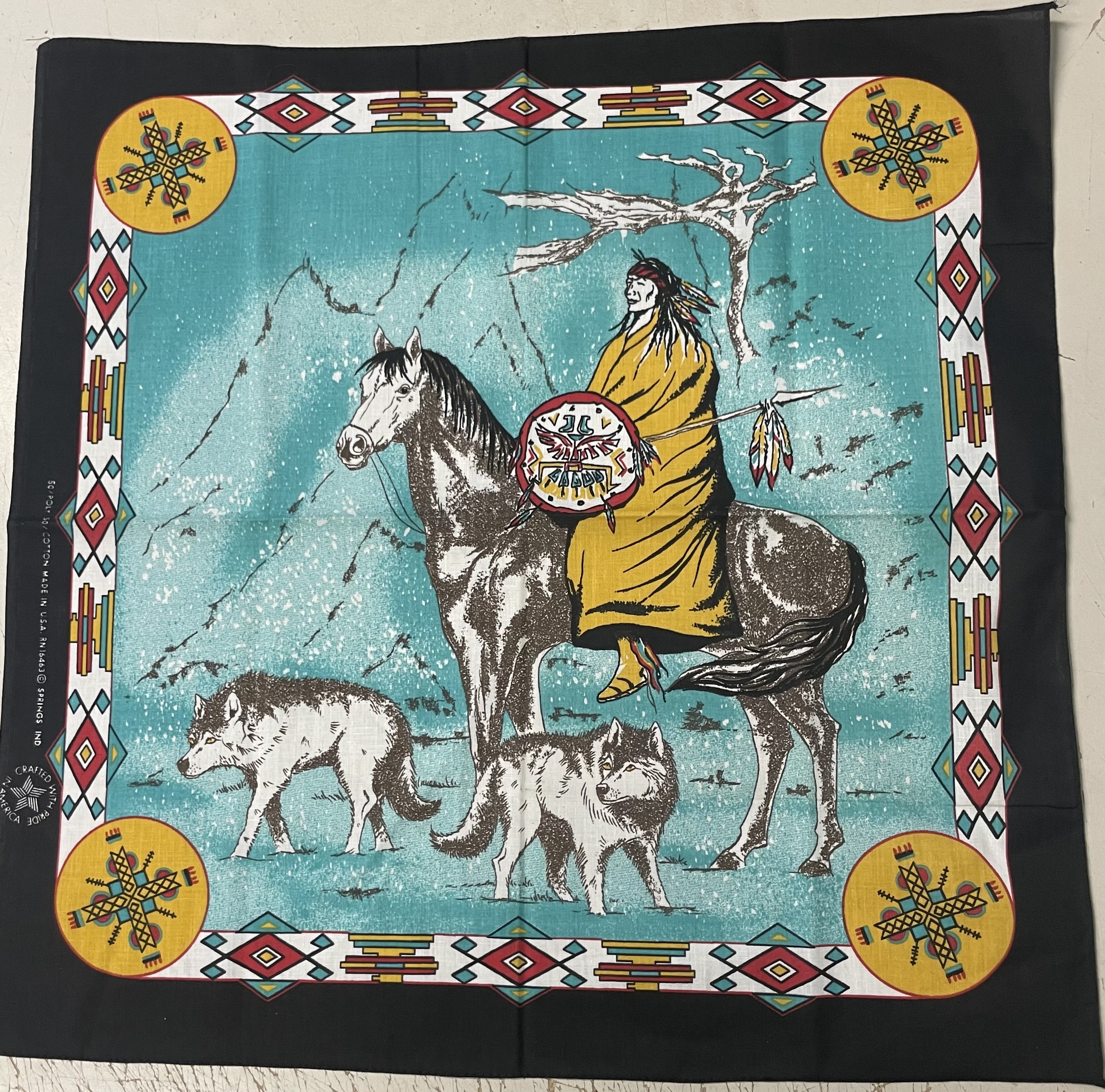 Bandana Kopftuch Halstuch  Indianer mit Pferd Wolf  in türkis und schwarz 